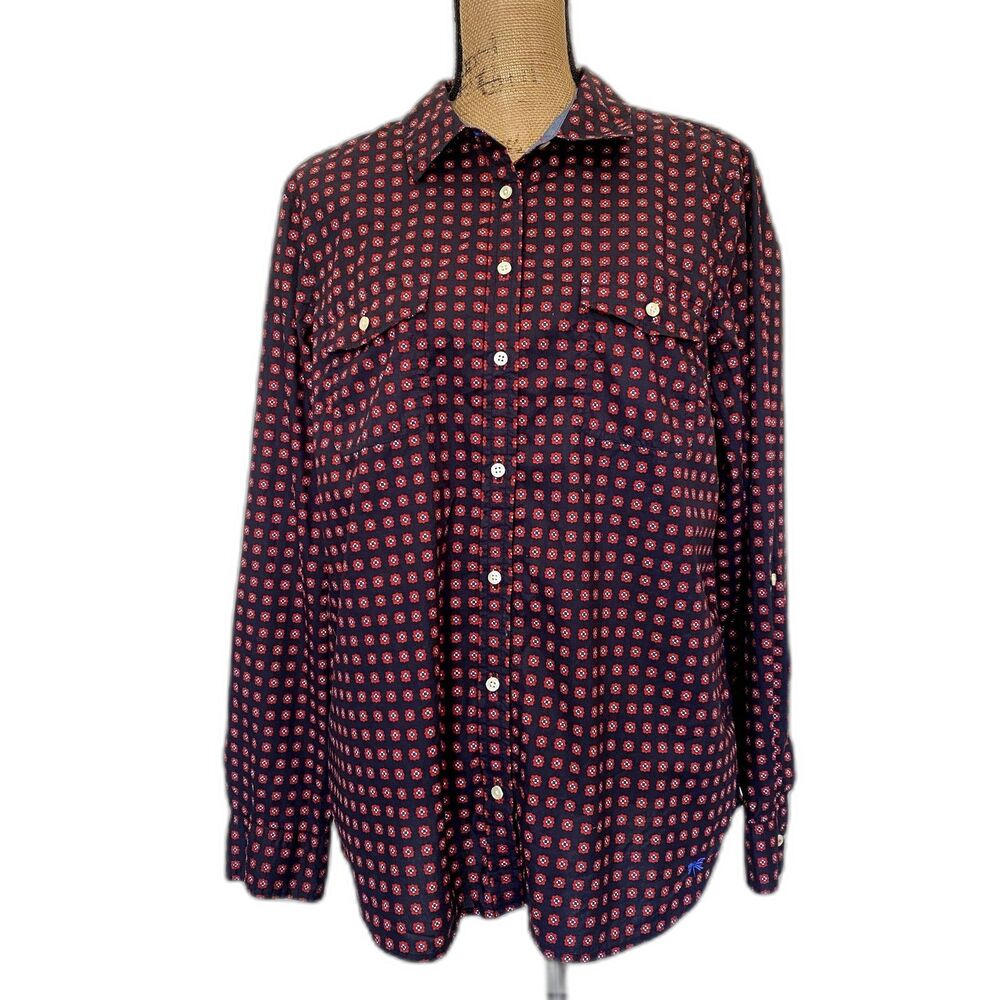 Talbots Navy Red Floral Geometric Cotton Button Down Shirt Americana Size 16